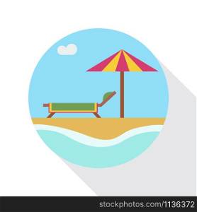 Vector sign parasol and deckchairs on the beach, flat design