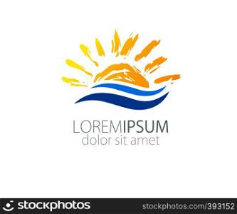Vector sign sun and ocean wave. Logo marine concept. Logotype for travel agency, boat company, resort or hotel. Vector sign sun and ocean logo concept