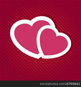 Vector sign two hearts.. Vector background with two pink hearts on dark red background Flat symbol of valentines day.