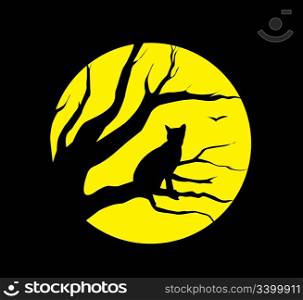 Vector silhouette cat at the moon on black background
