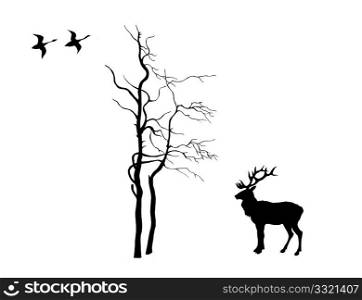 vector silhouette deer near tree on white background