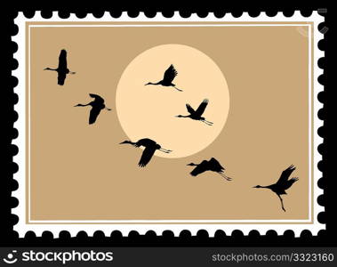 vector silhouette flying cranes on postage stamps