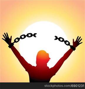 vector silhouette of a girl with raised hands and broken chains