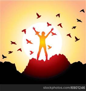 vector silhouette of a girl with raised hands and flying birds
