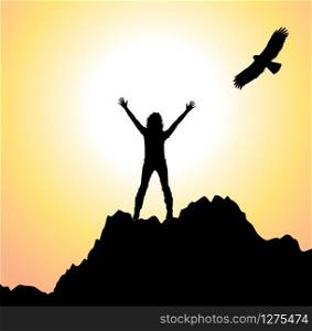 vector silhouette of a girl with raised hands on top of the mountain and flying bird