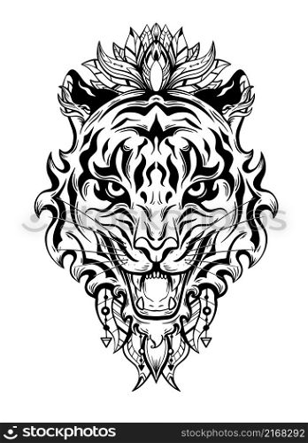 Vector silhouette of a tiger head with a floral ornament. Black contour tattoo of roar formidable predator with lotus and feather. Tracery symbol of the eastern new year.. Vector silhouette of a tiger head with a floral ornament. Black contour tattoo of roar formidable predator with lotus and feather.