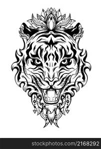 Vector silhouette of a tiger head with a floral ornament. Black contour tattoo of roar formidable predator with lotus and feather. Tracery symbol of the eastern new year.. Vector silhouette of a tiger head with a floral ornament. Black contour tattoo of roar formidable predator with lotus and feather.