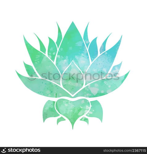 Vector silhouette of lotus with turquoise watercolor background. Colorful print of water lily for icon. Natural sacred symbol of flower for logo spa and yoga center.. Vector silhouette of lotus with turquoise watercolor background. Colorful print of water lily for icon. Natural sacred symbol