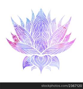 Vector silhouette of lotus with violet and pink watercolor background. Colorful print of water lily for icon. Natural sacred symbol of flower for logo spa and yoga center.. Vector silhouette of lotus with violet and pink watercolor background. Colorful print of water lily for icon. Natural sacred symbol