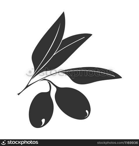 Vector silhouette of olive branch isolated on white background for kitchen design, oil or cosmetics. Flat design.