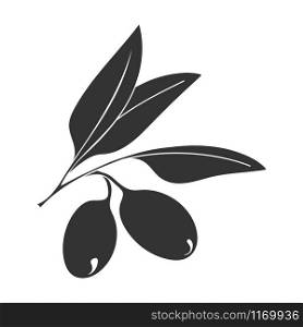 Vector silhouette of olive branch isolated on white background for kitchen design, oil or cosmetics. Flat design.