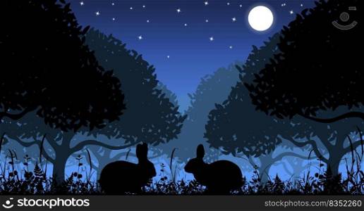Vector silhouette of rabbits in nature at night. Vector illustration