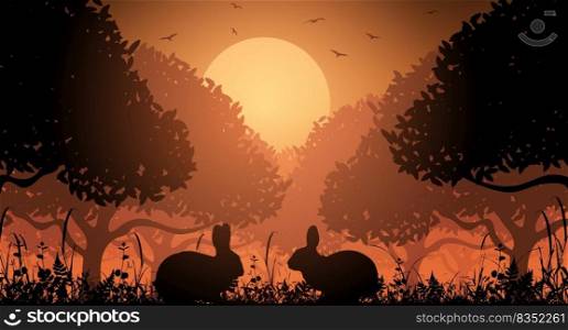 Vector silhouette of rabbits in nature at sunset. Vector illustration