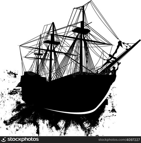 Vector silhouette of sailing pirate ship in grunge style