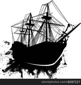 Vector silhouette of sailing pirate ship in grunge style