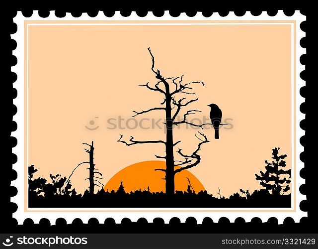vector silhouette of the bird on tree on postage stamps