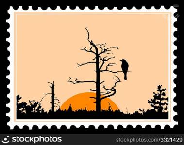 vector silhouette of the bird on tree on postage stamps