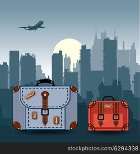 Vector silhouette of the city with suitcases for travel