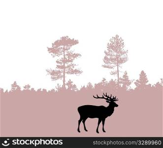 vector silhouette of the deer on wood background