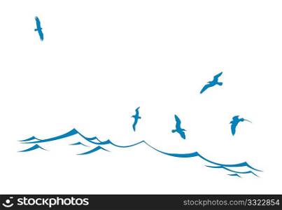 vector silhouette of the sea birds on wave