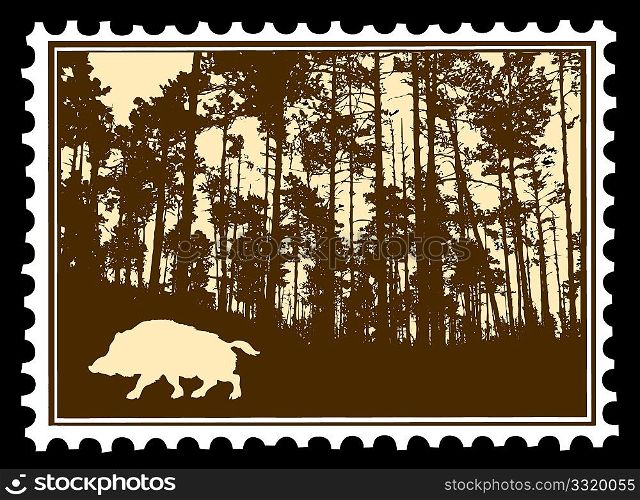vector silhouette of the wild boar in wood on postage stamps
