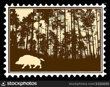 vector silhouette of the wild boar in wood on postage stamps
