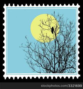 vector silhouette ravens on tree on postage stamps