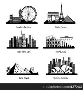 Vector silhouette set with panoramas of famous landmarks. Black silhouette of cityscape famous city building illustration. Vector silhouette set with panoramas of famous landmarks