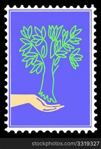 vector silhouette tree in hand on postage stamps