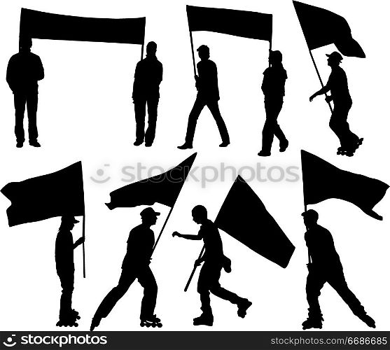 Vector silhouettes man and women with flag and transparency