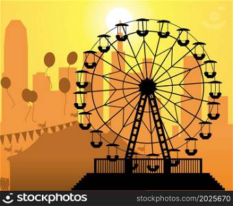 vector silhouettes of a city and amusement park with circus and ferris wheel