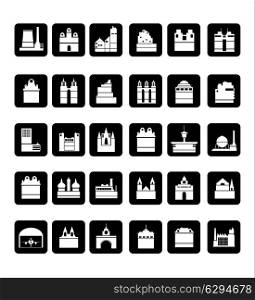 Vector silhouettes of city buildings in the form of buttons
