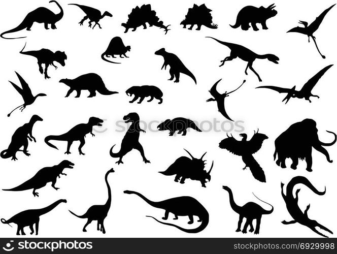 Vector silhouettes of dinosaurs and other prehistoric animals