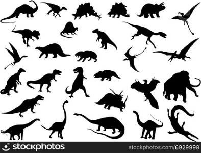 Vector silhouettes of dinosaurs and other prehistoric animals