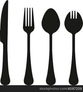 Vector silhouettes of knife, fork, spook, and spork.