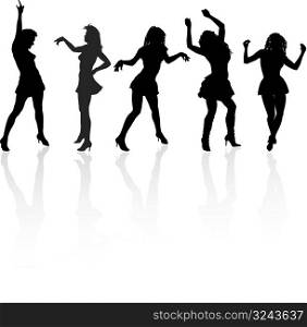 Vector silhouettes of the dancing girls at the white background