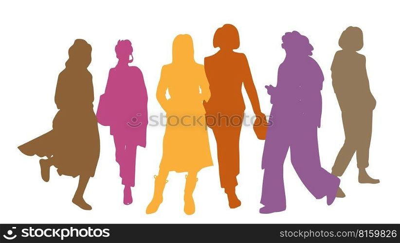 Vector silhouettes women standing, different poses, business, people, group, multicolor, isolated on white background