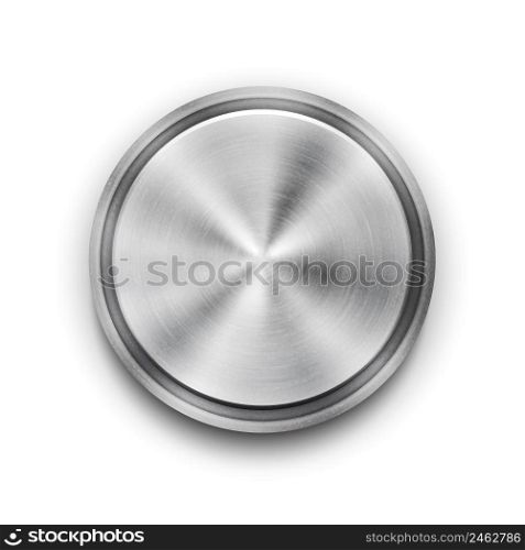 Vector silver circular metal textured button with a concentric circle texture pattern and metallic sheen overhead view vector illustration