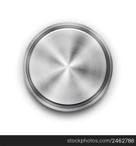 Vector silver circular metal textured button with a concentric circle texture pattern and metallic sheen overhead view vector illustration