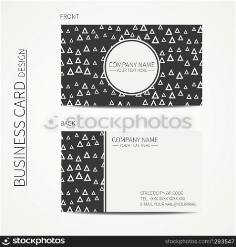 Vector simple business card design. Template. Black and white. Business card for corporate business and personal use. Calling card. Geometric monochrome triangle pattern. Delta, trigon.. Vector simple business card design. Template. Black and white. Business card for corporate business and personal use. Trendy calling card. Geometric monochrome triangle pattern. Delta, trigon.