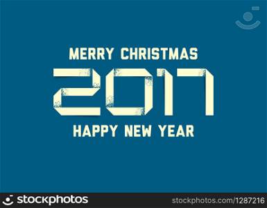 Vector simple Happy new year card 2017 made from grunge blue and white paper stripe font. Vector simple Happy new year card 2017