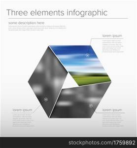 Vector Simple infographic template with photo placeholders. Business company overview profile with three photos and some descriptions. Multipurpose photo infograph or infochart.. Simple infographic template with photo placeholders