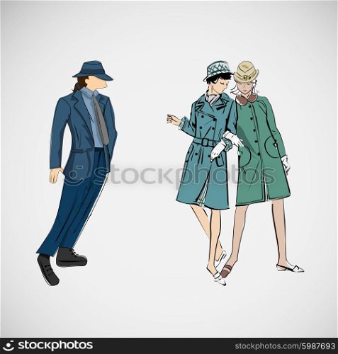 Vector sketch girls and man in fashion clothes.. Vector sketch girls and man in fashion clothes
