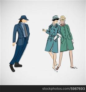 Vector sketch girls and man in fashion clothes.. Vector sketch girls and man in fashion clothes