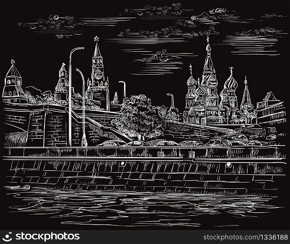 Vector sketch hand drawing illustration of Kremlin in Moscow, Russia. Horisontal isolated illustration of Moscow cityscape in white color on black background. Stock illustration.