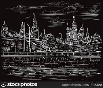 Vector sketch hand drawing illustration of Kremlin in Moscow, Russia. Horisontal isolated illustration of Moscow cityscape in white color on black background. Stock illustration.