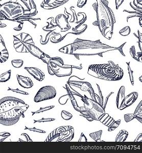 Vector sketch hand drawn contoured seafood elements pattern or background illustration. Vector hand drawn contoured seafood elements pattern