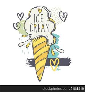 Vector sketch illustration with hand drawn ice cream. . Hand drawn ice cream. Vector sketch illustration