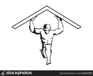 Vector sketch of a man holding up a homes roof for real estate concept