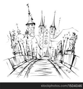 Vector sketch of Alte Mainbrucke, Old Main Bridge, with statues of saints in Wurzburg, Franconia, Northern Bavaria, Germany. Vector sketch of Wurzburg